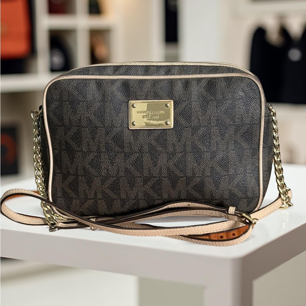 Michael Kors Brown Signature Monogram Crossbody Bag with Gold Accents